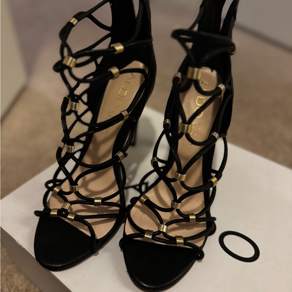 Elegant Black and Gold Strappy Heels